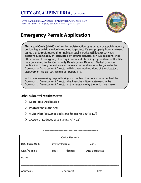 First page of the Emergency Permit Application
