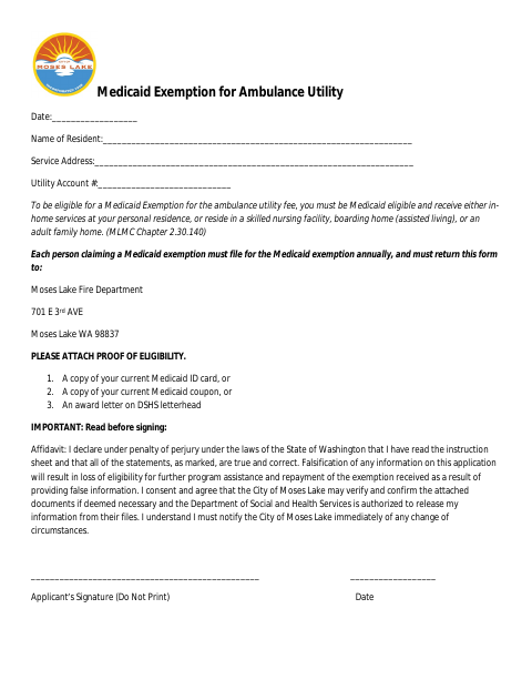 First page of the Medicaid Exemption for Ambulance Utility