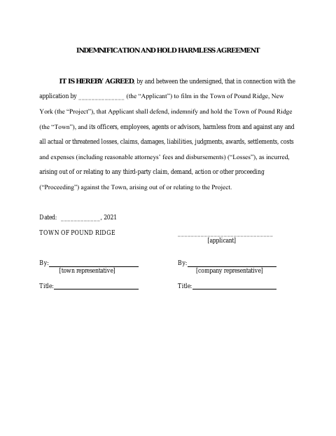 First page of the Indemnification and Hold Harmless Agreement