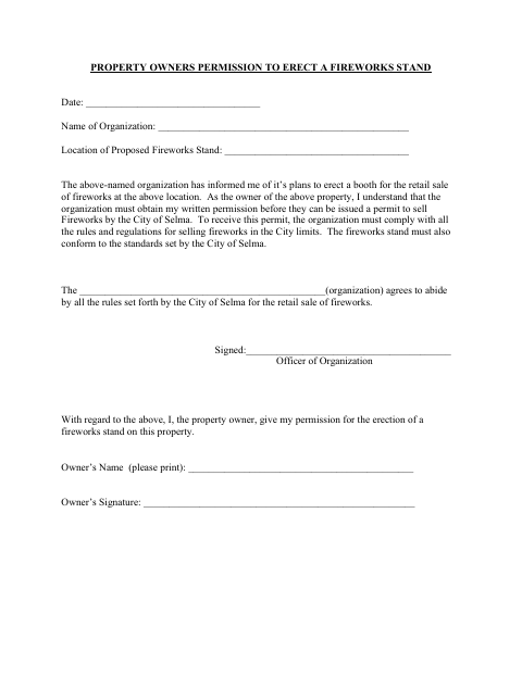 First page of the Property Owner Permission to Erect a Fireworks Stand