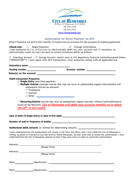 First page of the Bank Draft Authorization