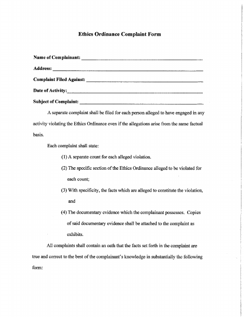 First page of the Ethics Ordinance Complaint Form