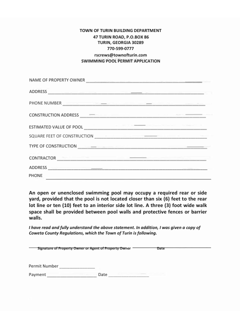 First page of the Swimming Pool Permit Application
