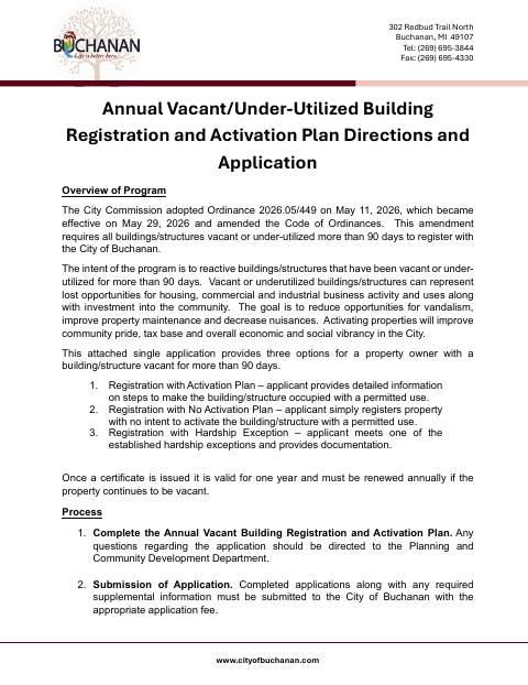 First page of the Annual Vacant/Under-Utilized Building Registration and Activation Plan Application