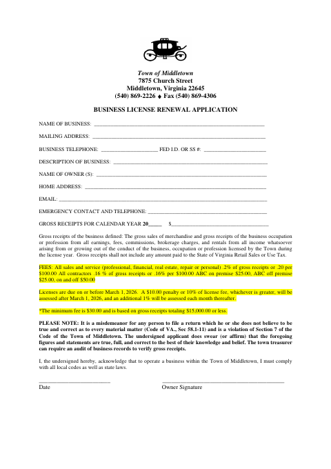 First page of the Business License Renewal Application