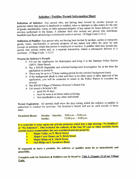 First page of the Solicitation / Peddler Permit Application