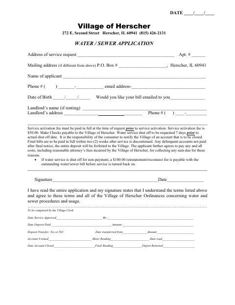 First page of the Water/Sewer Application