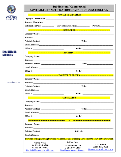 First page of the Contractor's Notification of Start of Construction