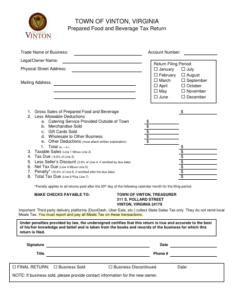 First page of the Prepared Food and Beverage Tax Return