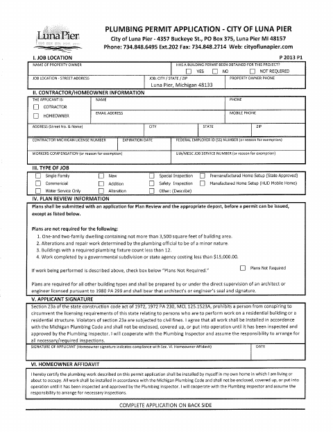 First page of the Plumbing Permit Application