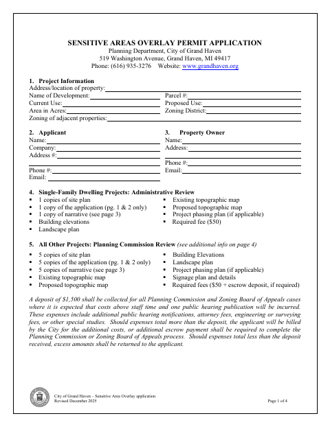 First page of the Sensitive Areas Overlay Permit Application