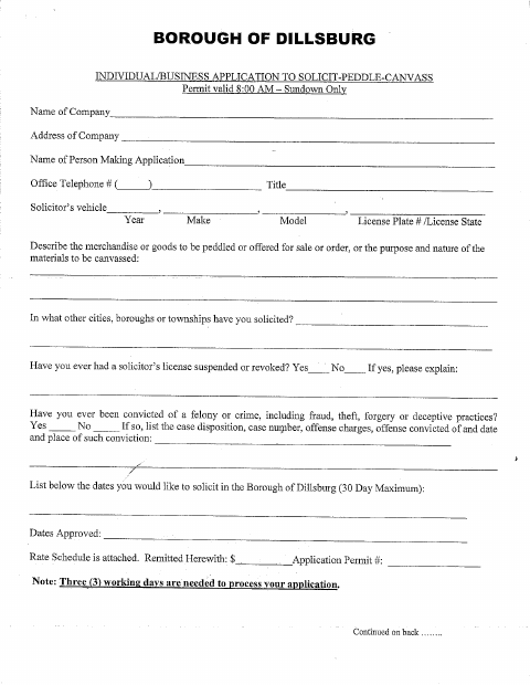 First page of the Soliciting, Peddling, and Canvassing Permit Application