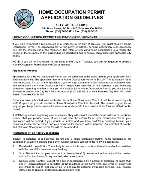 First page of the Home Occupation Permit Application