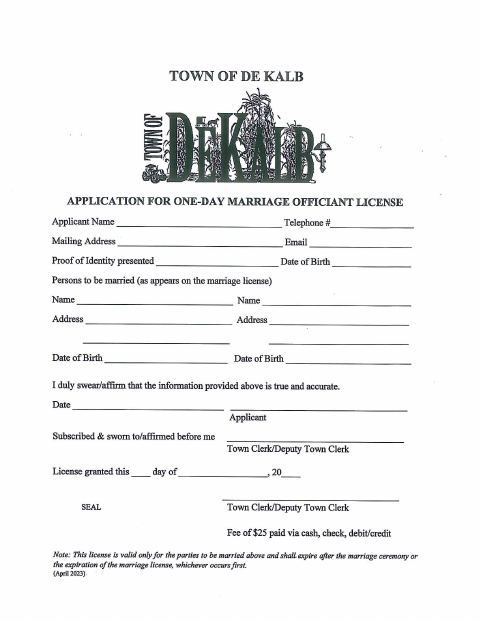 First page of the One-Day Marriage Officiant License Application