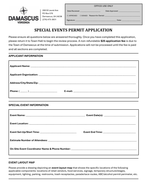 First page of the Special Events Permit Application