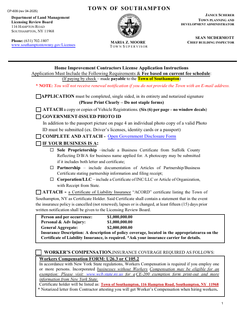 First page of the Home Improvement Contractors License Application