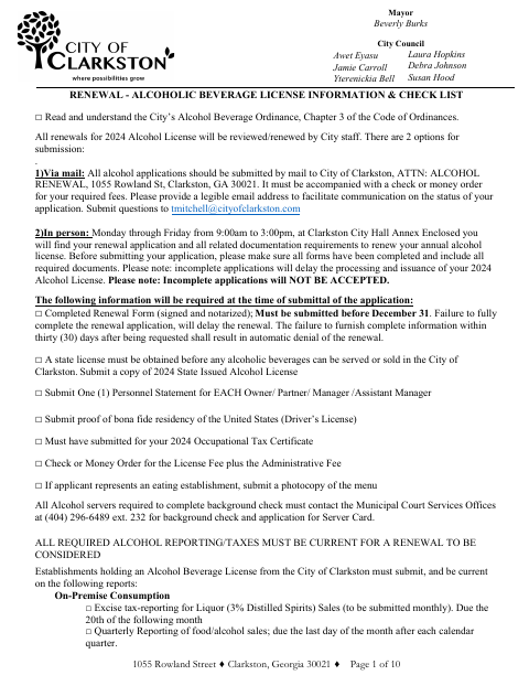 First page of the Alcohol Beverage License Renewal Application