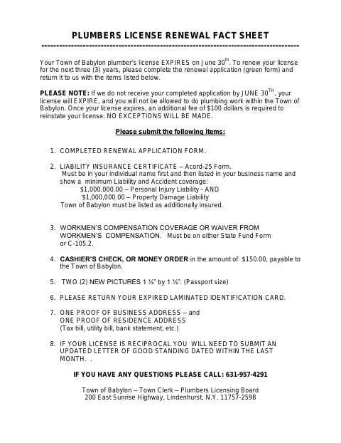 First page of the Plumbers License Renewal Application