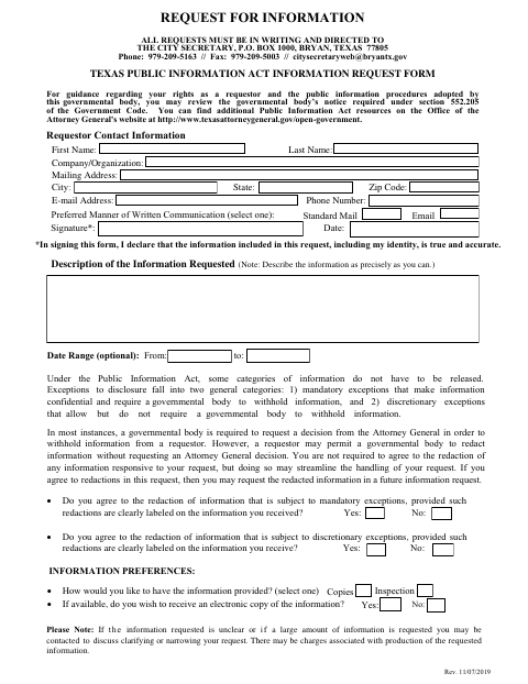 First page of the Texas Public Information Act Information Request Form