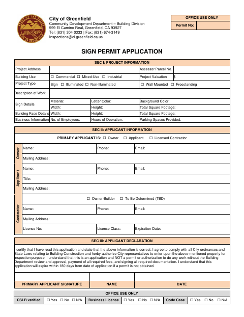 First page of the Sign Permit Application