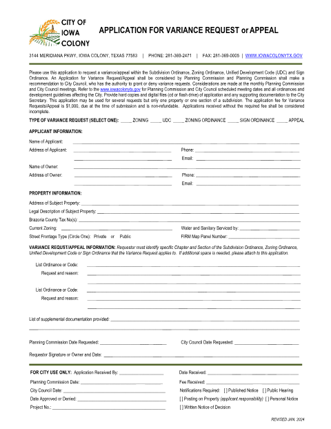 First page of the Application for Variance Request or Appeal