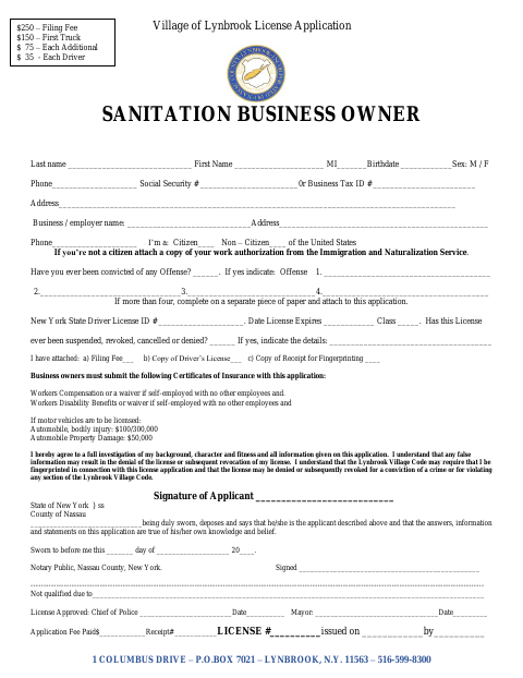 First page of the Sanitation Business Owner License Application