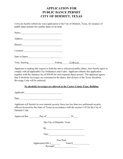 First page of the Application for Public Dance Permit