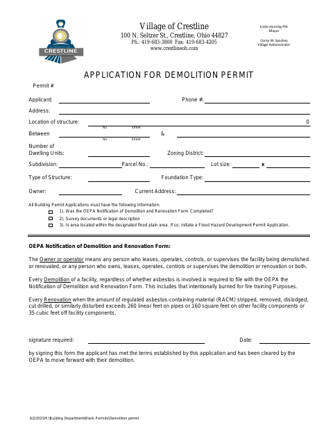 First page of the Application for Demolition Permit