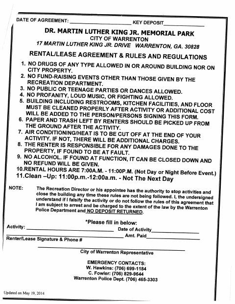 First page of the Dr. Martin Luther King Jr. Memorial Park Rental Agreement