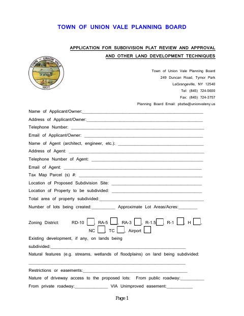 First page of the Application for Subdivision Plat Review and Approval and Other Land Development Techniques