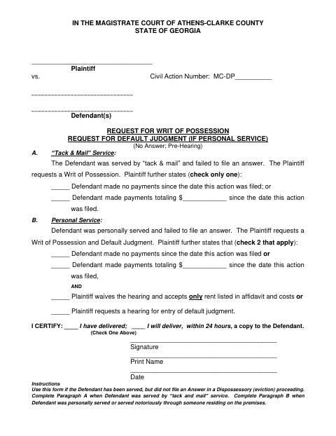 First page of the Request for Writ of Possession and Request for Default Judgment