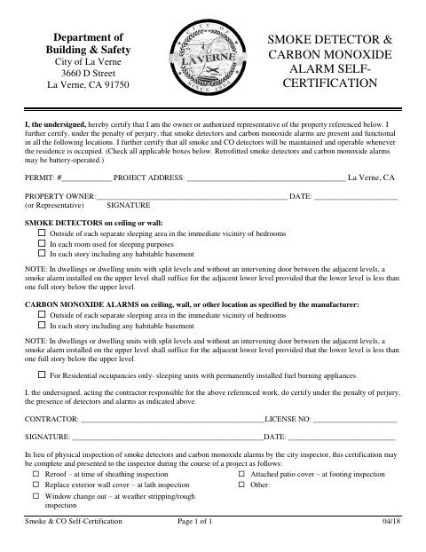 First page of the Smoke Detector & Carbon Monoxide Alarm Self-Certification