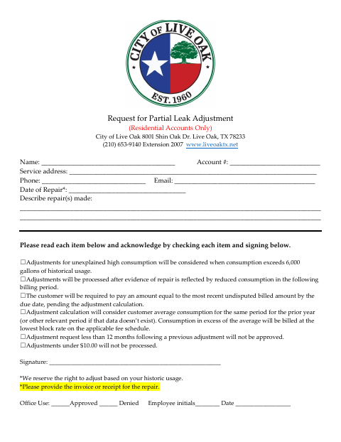 First page of the Request for Partial Leak Adjustment (Residential Accounts Only)