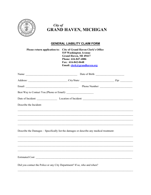 First page of the General Liability Claim Form