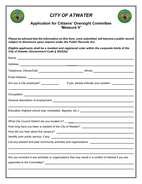 First page of the Application for Citizens’ Oversight Committee Measure V
