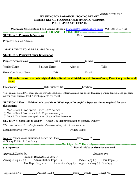 First page of the Zoning Permit for Mobile Retail Food Establishments