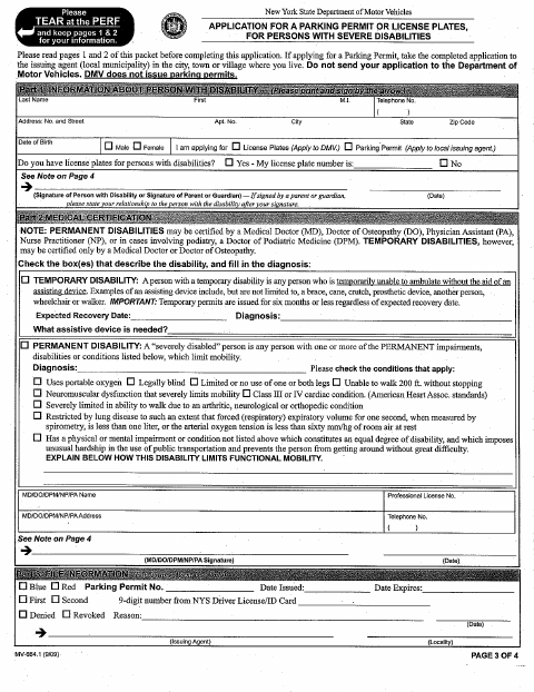 First page of the Handicap Parking Form