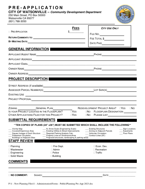 First page of the Pre-Application Development Review