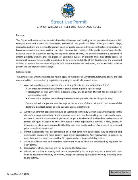 First page of the Street Use Permit