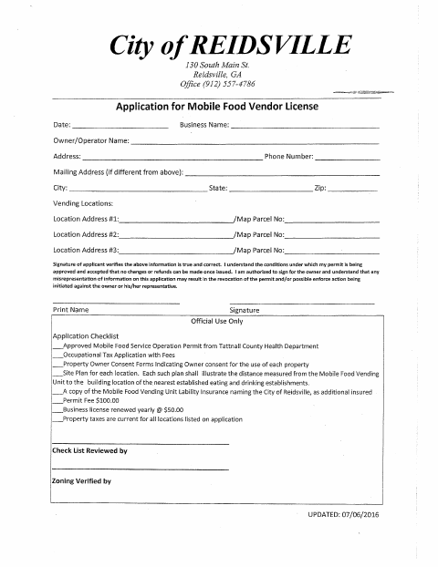 First page of the Mobile Food Vendor License Application