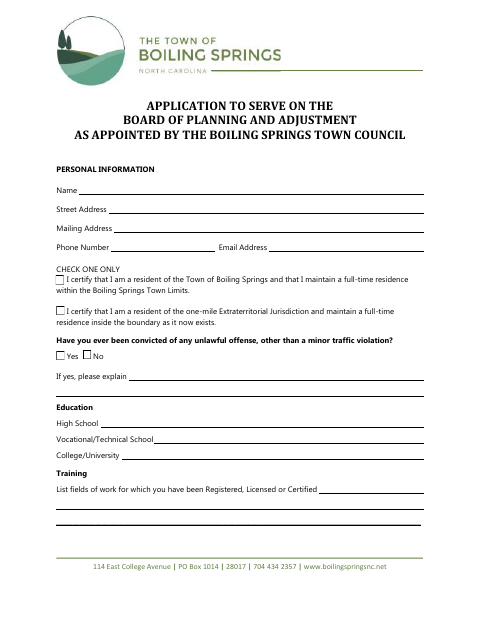 First page of the Application to Serve on the Board of Planning and Adjustment