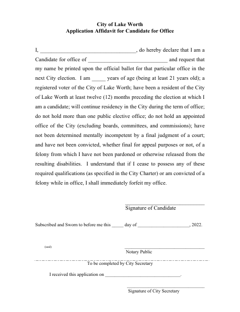 First page of the Application Affidavit for Candidate for Office