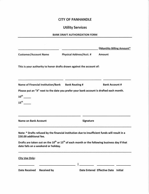 First page of the Utility Bank Draft Authorization Form
