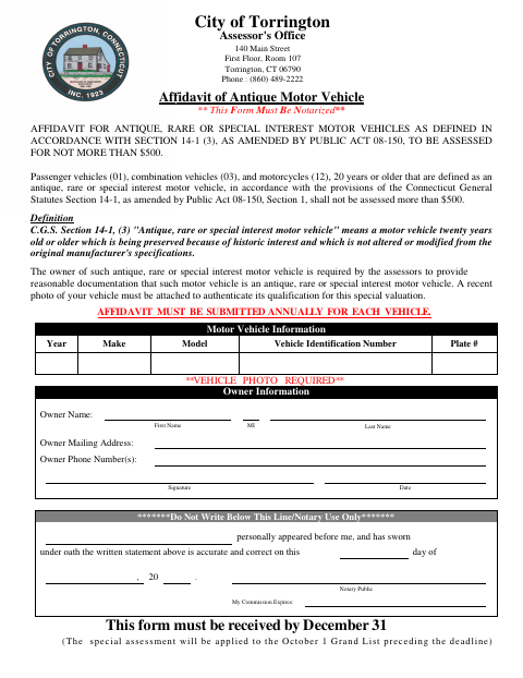 First page of the Affidavit of Antique Motor Vehicle