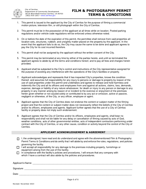 First page of the Film & Photography Permit Terms & Conditions
