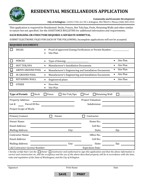 First page of the Residential Miscellaneous Application