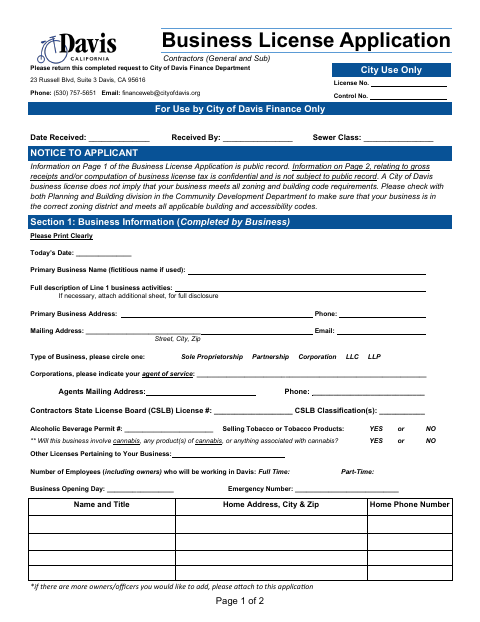 First page of the Business License Application (Contractors and Subcontractors)