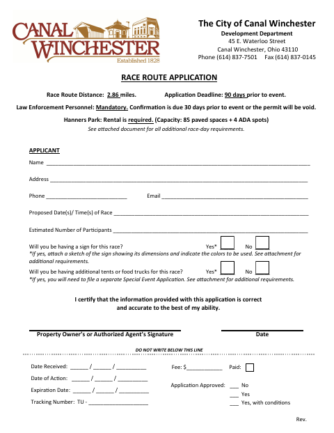 First page of the Race Route Application