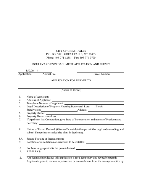 First page of the Boulevard Encroachment Application and Permit