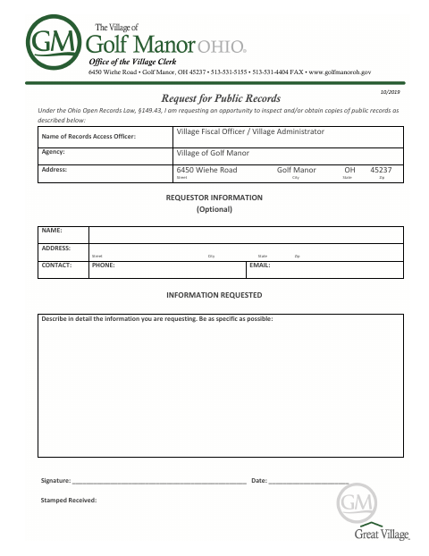 First page of the Request for Public Records